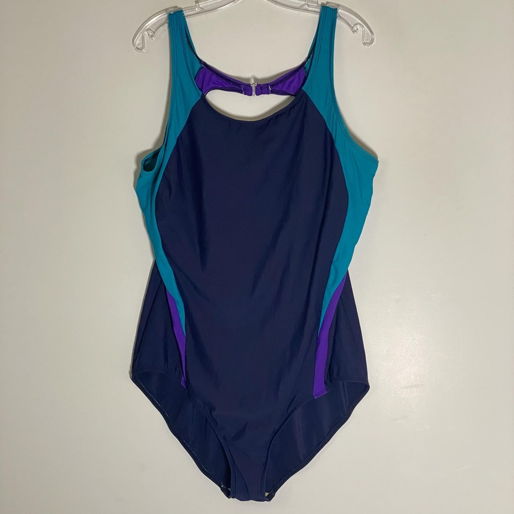 Inches Off Swimsuit Womens 26W Blue Colorblock One Piece Tummy Control Swimwear